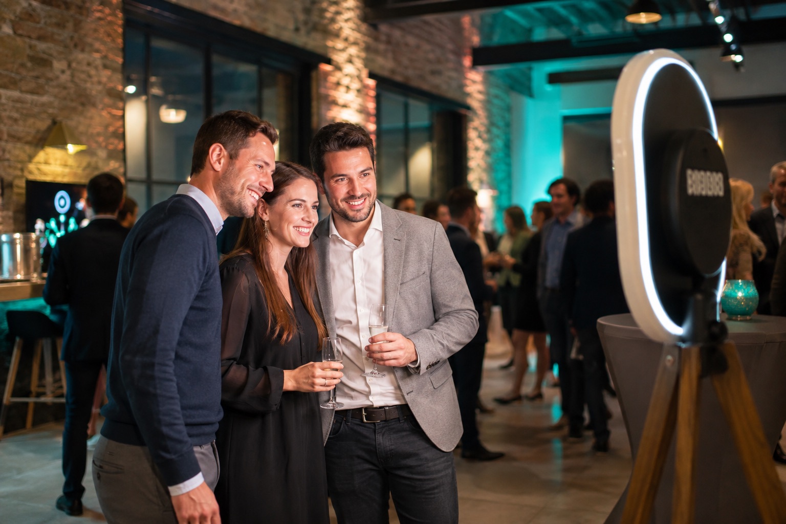 Collega’s gebruiken de photobooth tijdens een bedrijfsevent