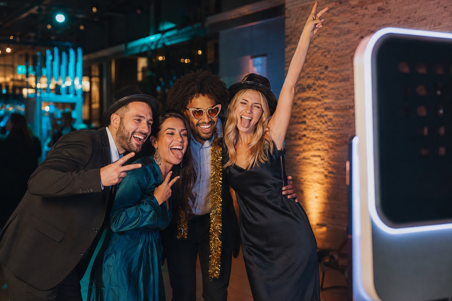 Vriendengroep poseert enthousiast bij een photobooth