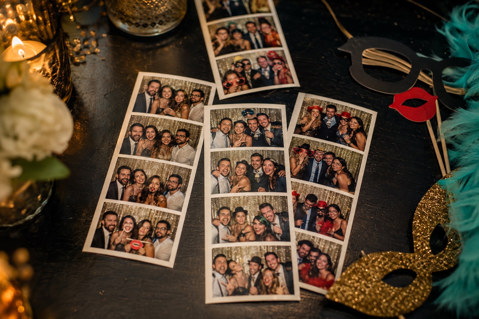 Voorbeeld van geprinte photoboothfotostrips op een feesttafel
