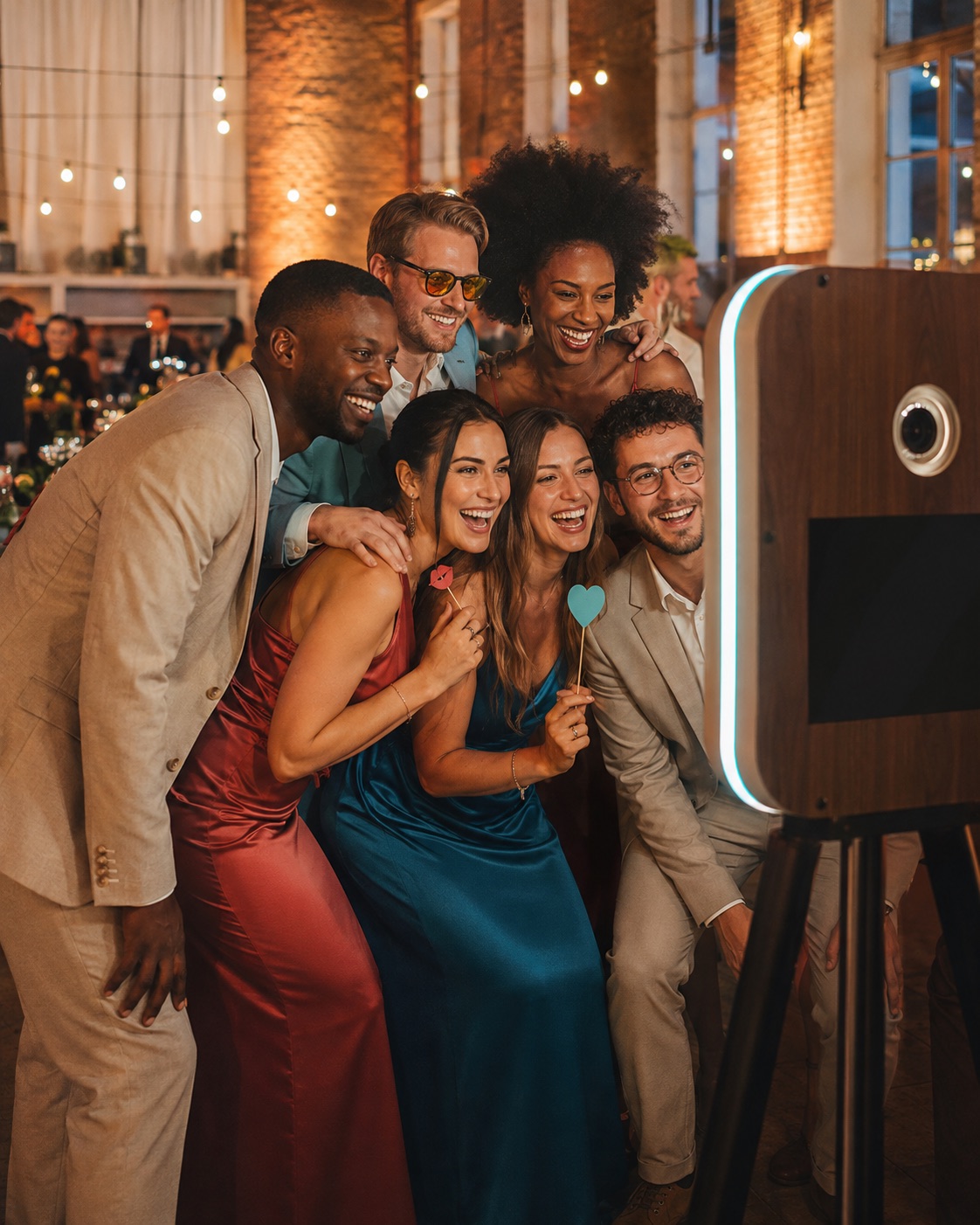 Vriendengroep die samen poseert voor een photobooth op een feest